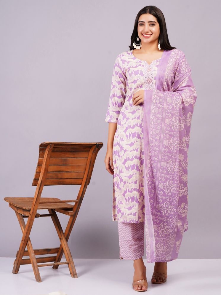     			JC4U Cotton Printed Kurti With Pants Women's Stitched Salwar Suit - Purple ( Pack of 1 )