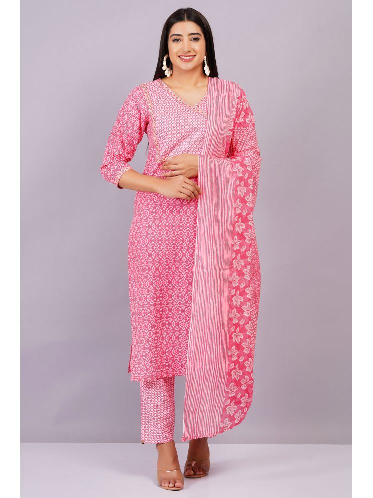     			JC4U Cotton Printed Kurti With Pants Women's Stitched Salwar Suit - Pink ( Pack of 1 )