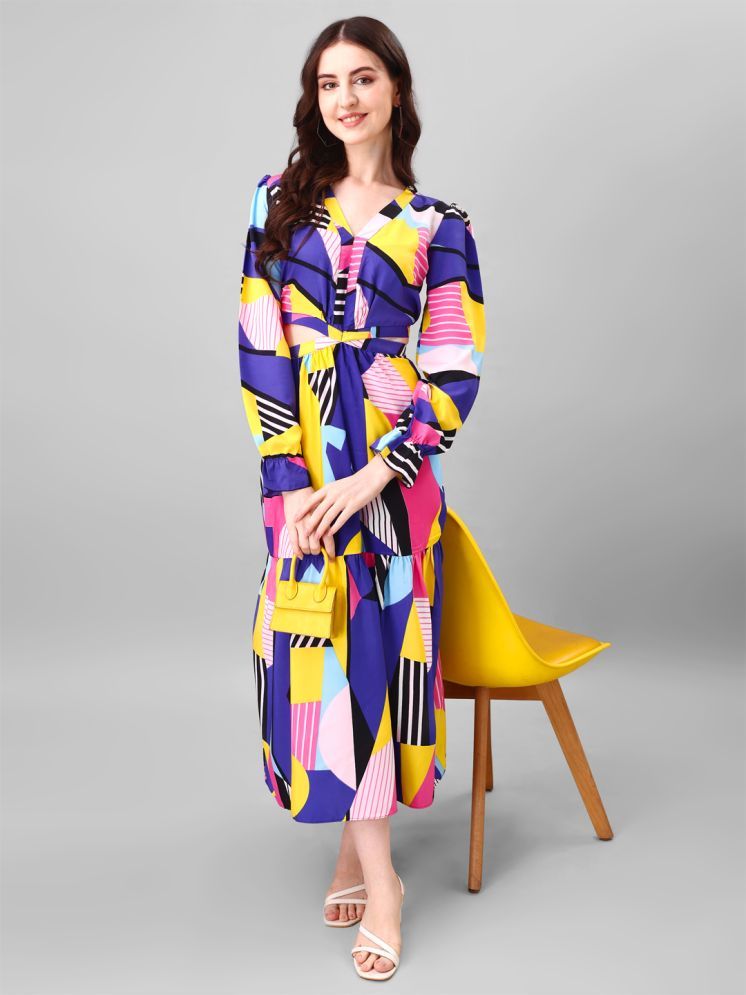     			Krunal Raiyani Polyester Printed Midi Women's Fit & Flare Dress - Multicolor ( Pack of 1 )