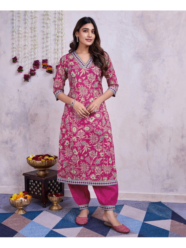     			MOJILAA Cotton Printed Kurti With Salwar Women's Stitched Salwar Suit - Pink ( Pack of 1 )