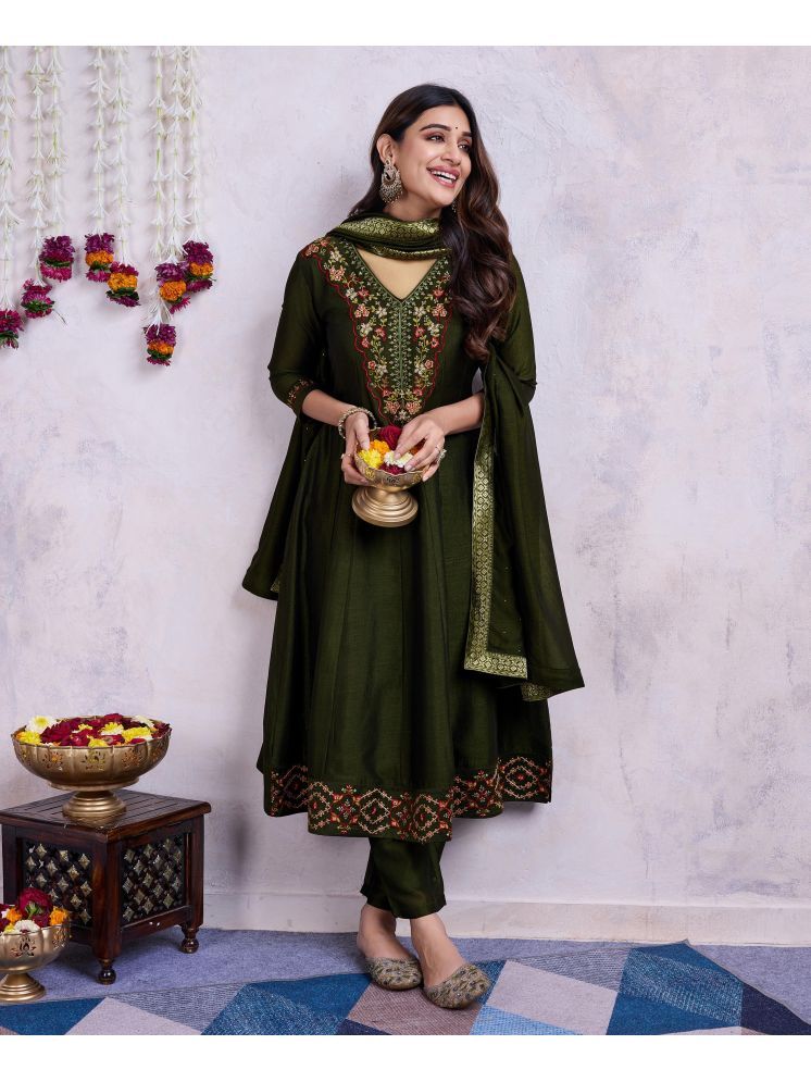     			MOJILAA Silk Embroidered Kurti With Pants Women's Stitched Salwar Suit - Dark Green ( Pack of 1 )