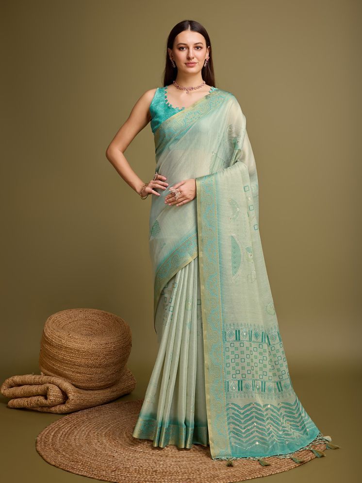     			Rekha Maniyar Silk Blend Printed Saree With Blouse Piece - Teal ( Pack of 1 )