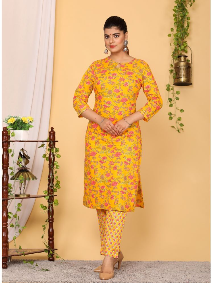     			Sarli Cotton Printed Kurti With Pants Women's Stitched Salwar Suit - Yellow ( Pack of 1 )