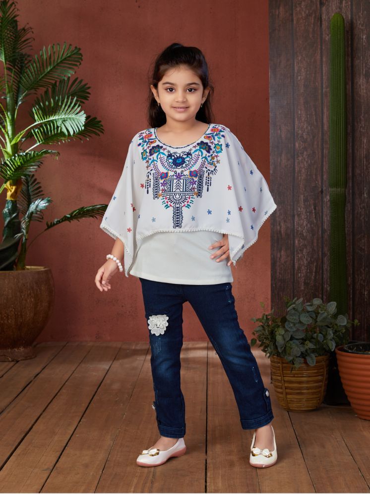     			Aarika White & Blue Georgette Girls Top With Jeans ( Pack of 1 )