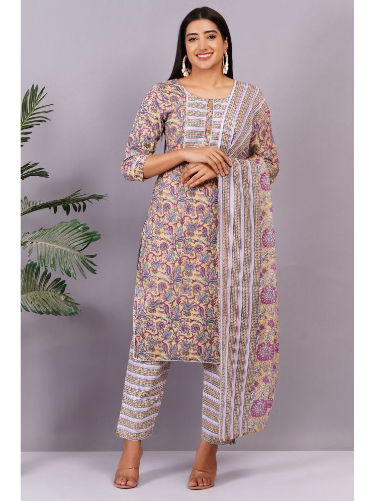     			JC4U Cotton Printed Kurti With Pants Women's Stitched Salwar Suit - Beige ( Pack of 1 )