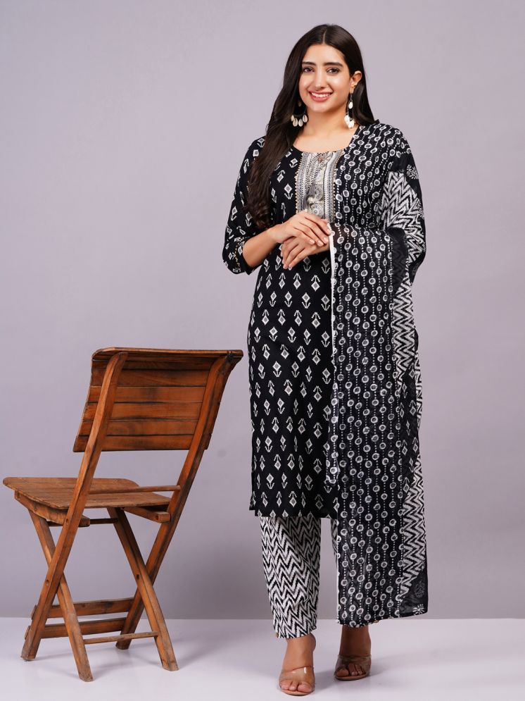     			JC4U Cotton Printed Kurti With Pants Women's Stitched Salwar Suit - Black ( Pack of 1 )