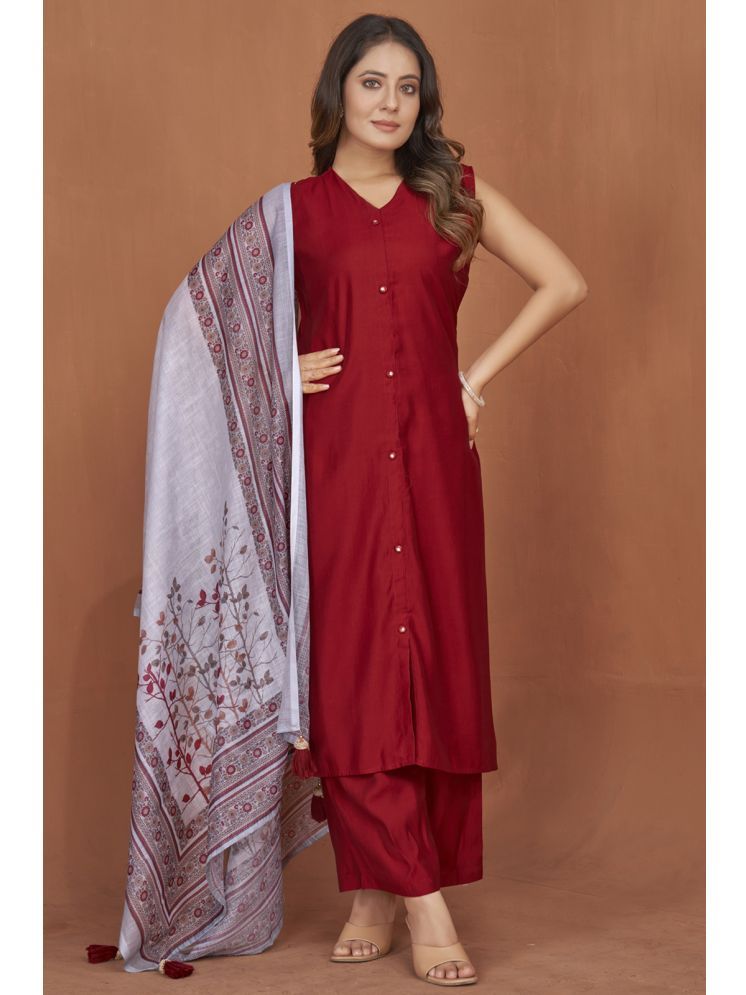     			Style Samsara Cotton Silk Solid Kurti With Pants Women's Stitched Salwar Suit - Maroon ( Pack of 1 )