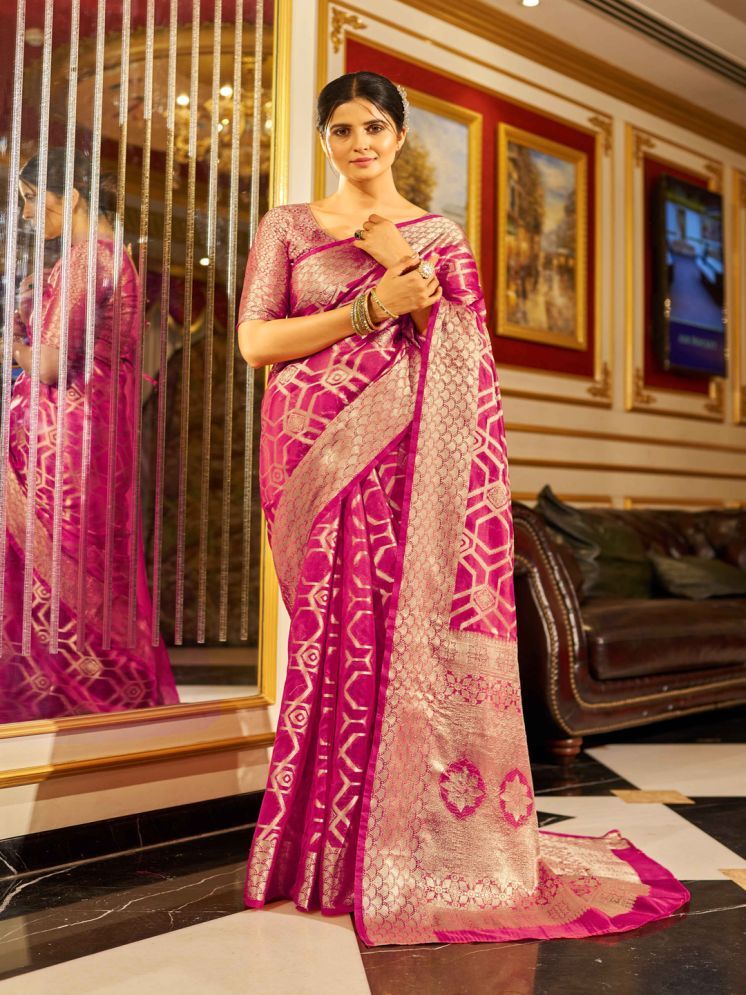     			KRIMMPLE Organza Woven Saree With Blouse Piece - Pink ( Pack of 1 )