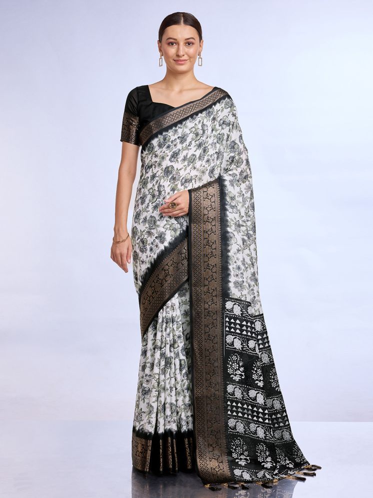     			Rekha Maniyar Silk Printed Saree With Blouse Piece - White ( Pack of 1 )