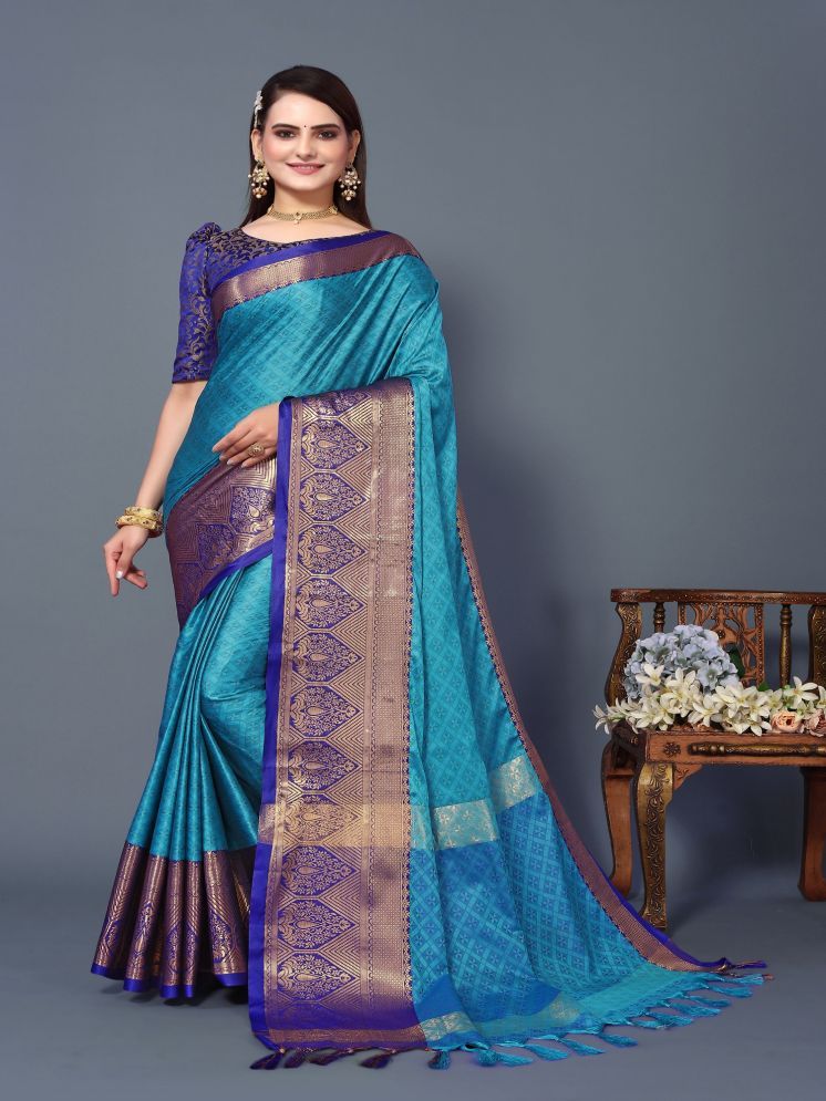     			Lady Shopi Cotton Silk Embellished Saree With Blouse Piece - SkyBlue ( Pack of 1 )