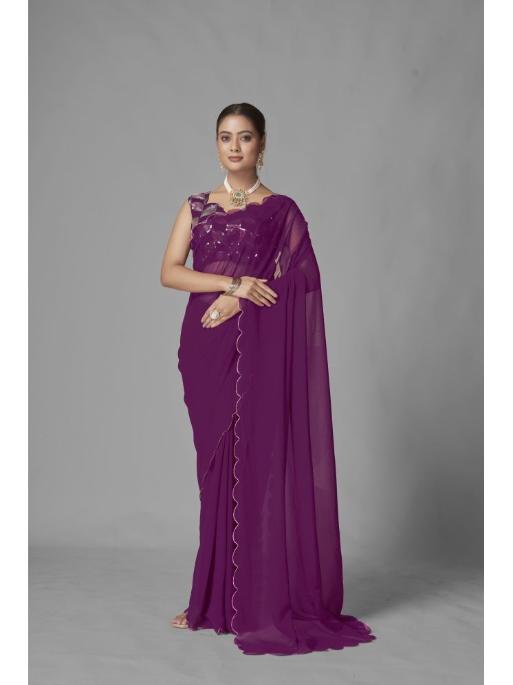     			Lady Shopi Georgette Embellished Saree With Blouse Piece - Wine ( Pack of 1 )