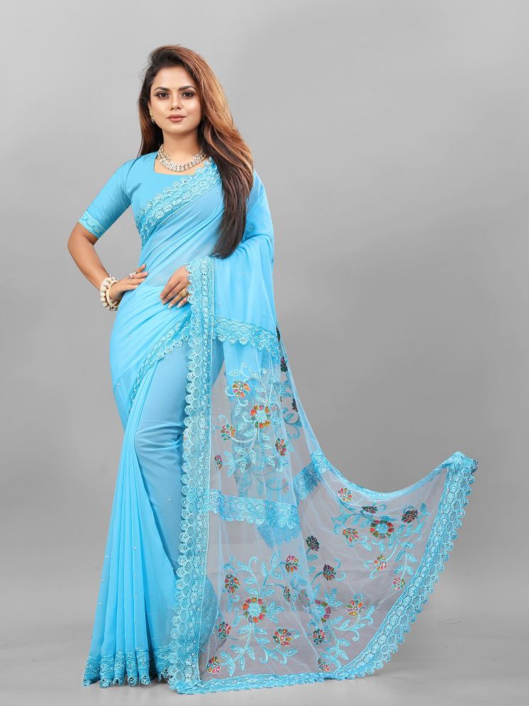     			Lady Shopi Georgette Embellished Saree With Blouse Piece - SkyBlue ( Pack of 1 )