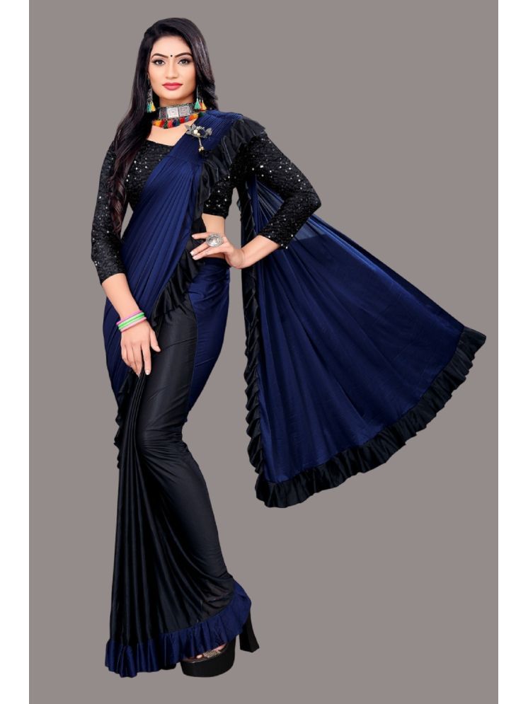     			Lady Shopi Lycra Embellished Saree With Blouse Piece - Navy Blue ( Pack of 1 )