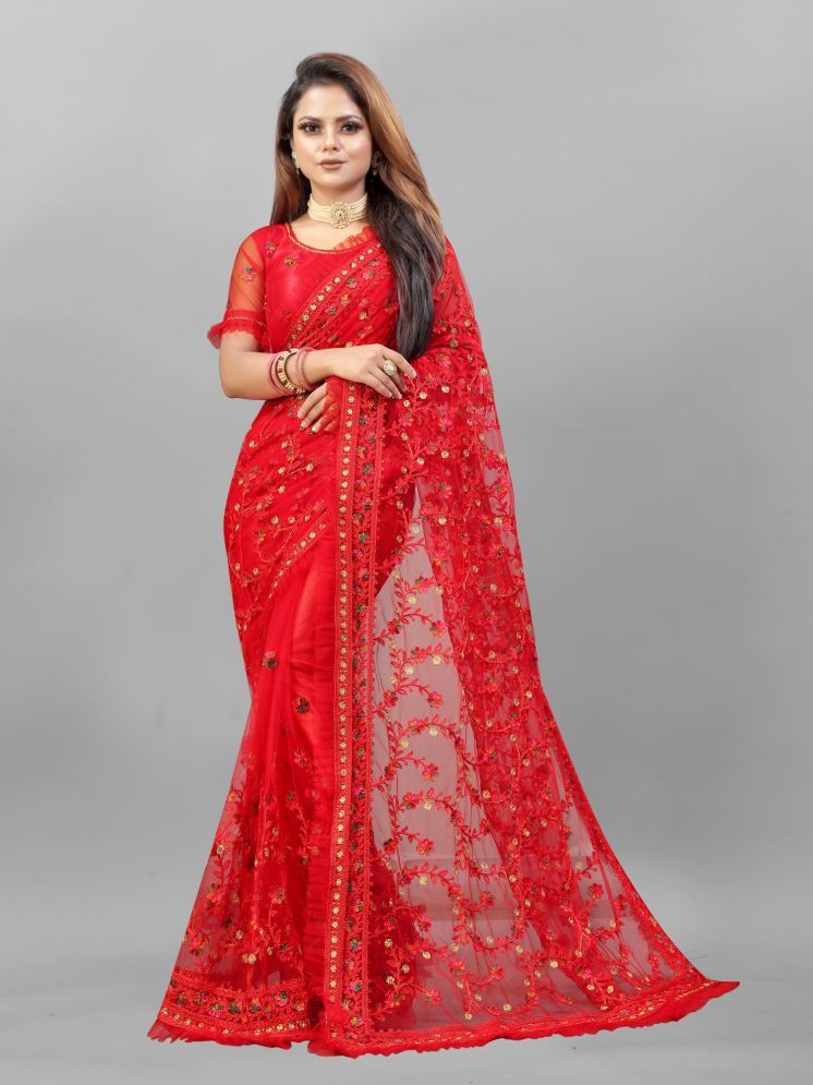     			Lady Shopi Net Embellished Saree With Blouse Piece - Red ( Pack of 1 )