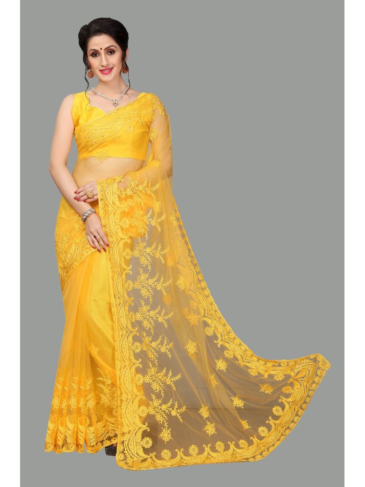     			Lady Shopi Net Embroidered Saree With Blouse Piece - Yellow ( Pack of 1 )