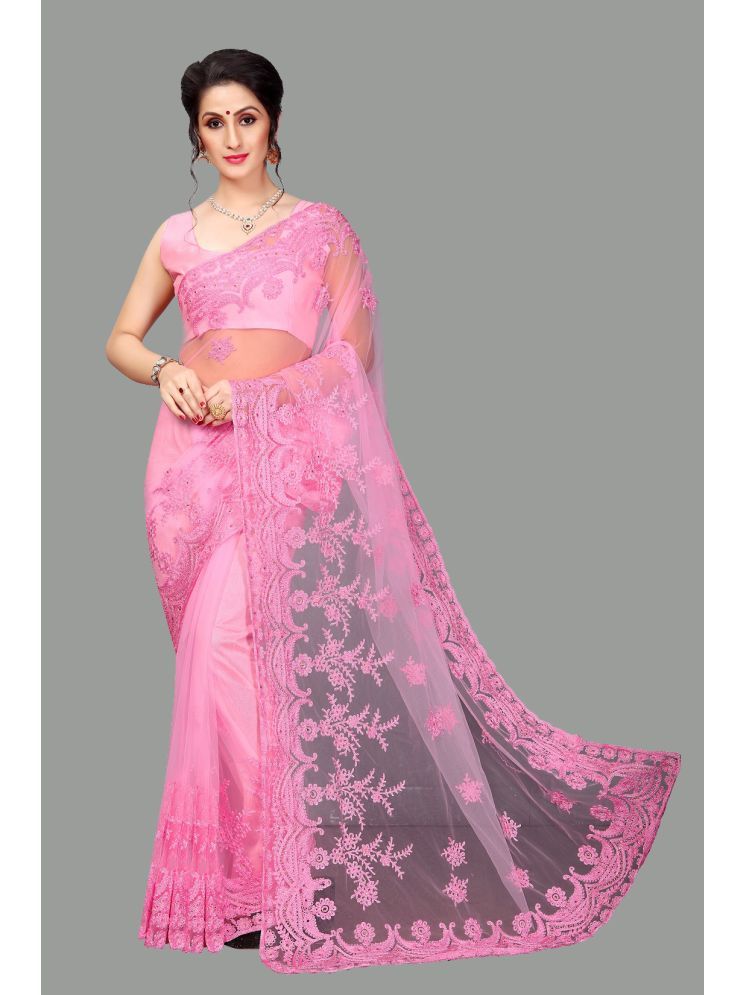     			Lady Shopi Net Embroidered Saree With Blouse Piece - Pink ( Pack of 1 )