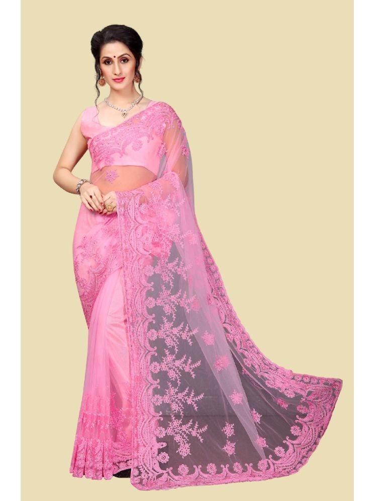     			Lady Shopi Net Embroidered Saree With Blouse Piece - Pink ( Pack of 1 )