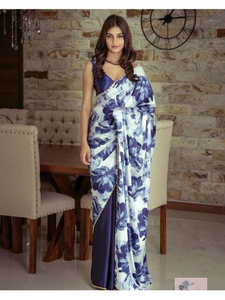     			Lady Shopi Satin Printed Saree With Blouse Piece - Navy Blue ( Pack of 1 )