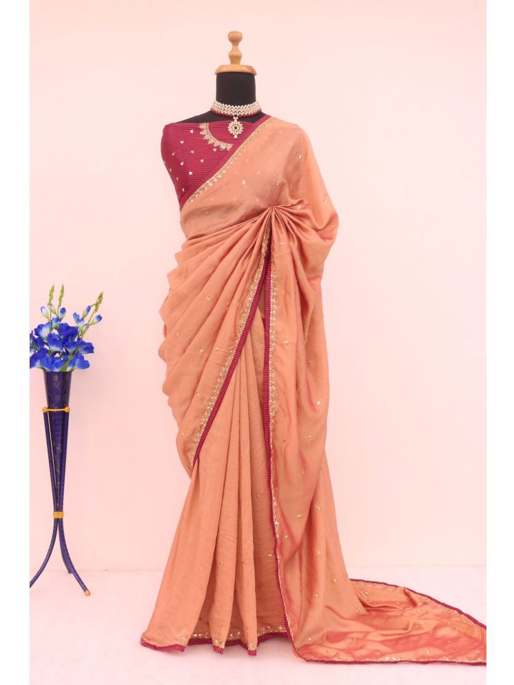     			Lady Shopi Silk Embellished Saree With Blouse Piece - Orange ( Pack of 1 )