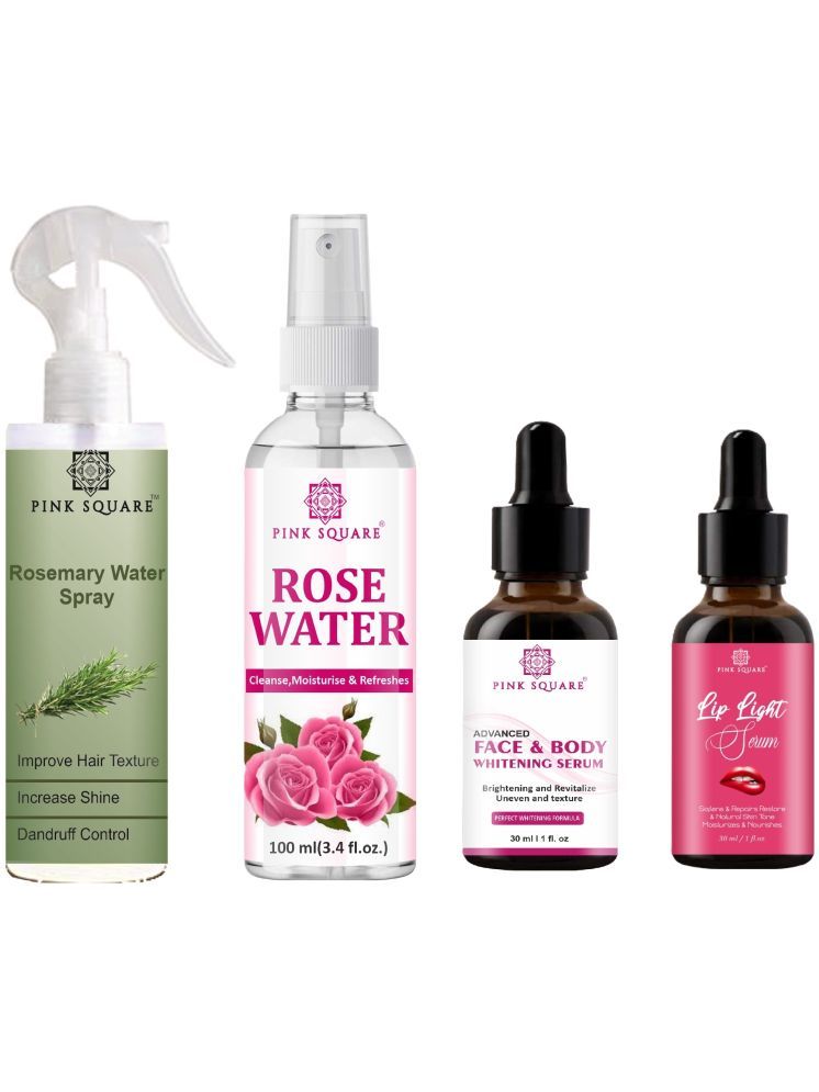     			Rosemary Water Hair Spray 100ml, Hydrating Fresh Rose water 100ml, Face and Body Whitening Serum 30ml & Lip light Serum 30ml Combo 4