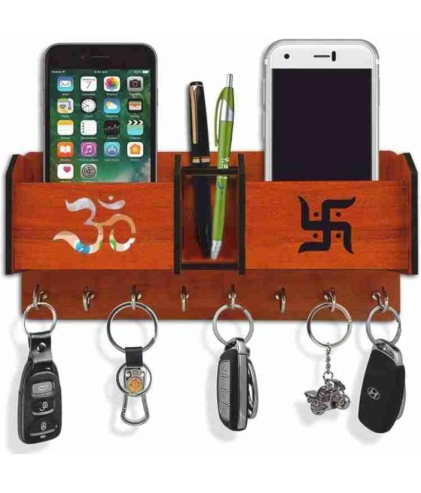     			Om Swastik Wooden Keychain holder (8 Hooks, Brown)