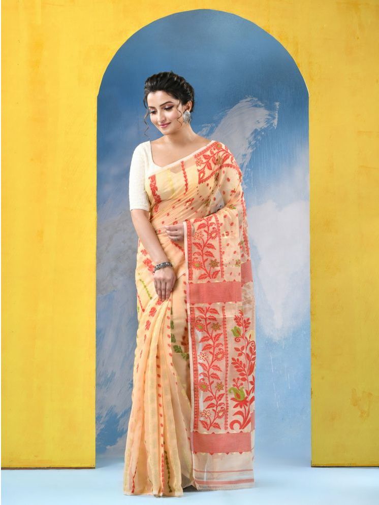     			Desh Bidesh Cotton Printed Saree Without Blouse Piece - Cream ( Pack of 1 )