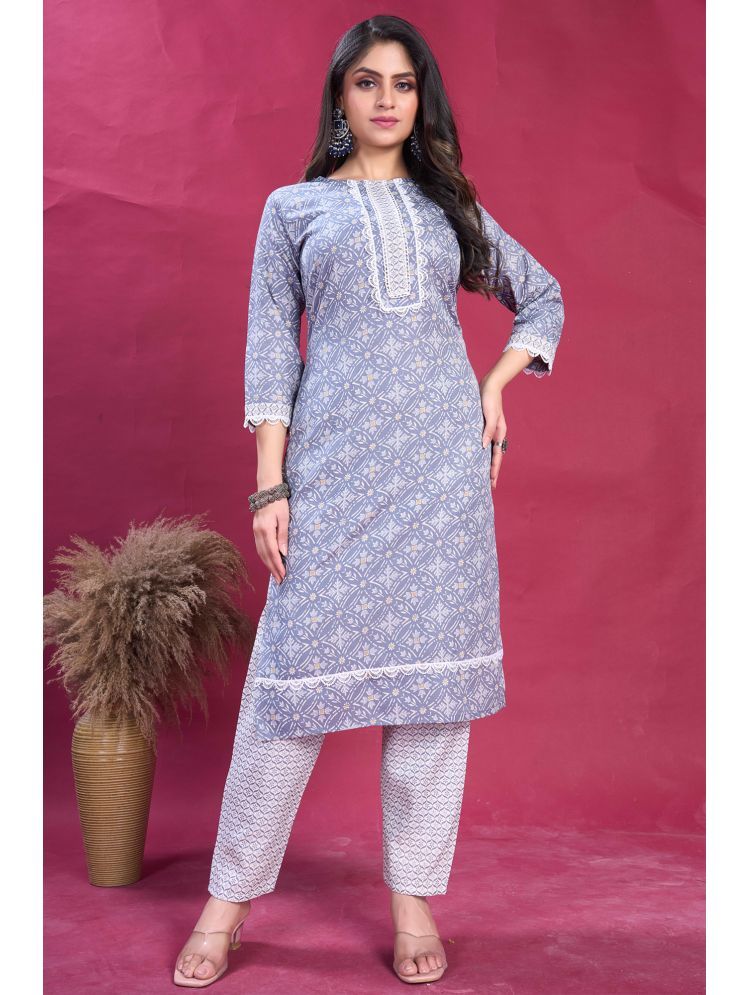     			Krihani Cotton Printed Kurti With Pants Women's Stitched Salwar Suit - Grey ( Pack of 1 )