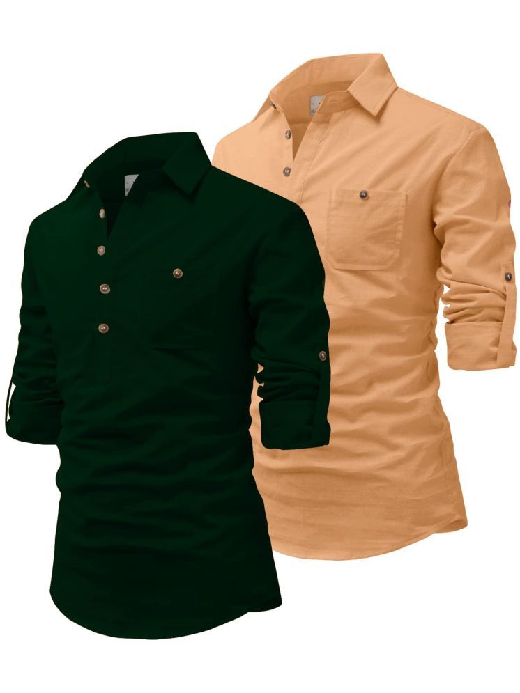     			UNI VIBE Dark Green Cotton Blend Men's Shirt Style Kurta ( Pack of 2 )