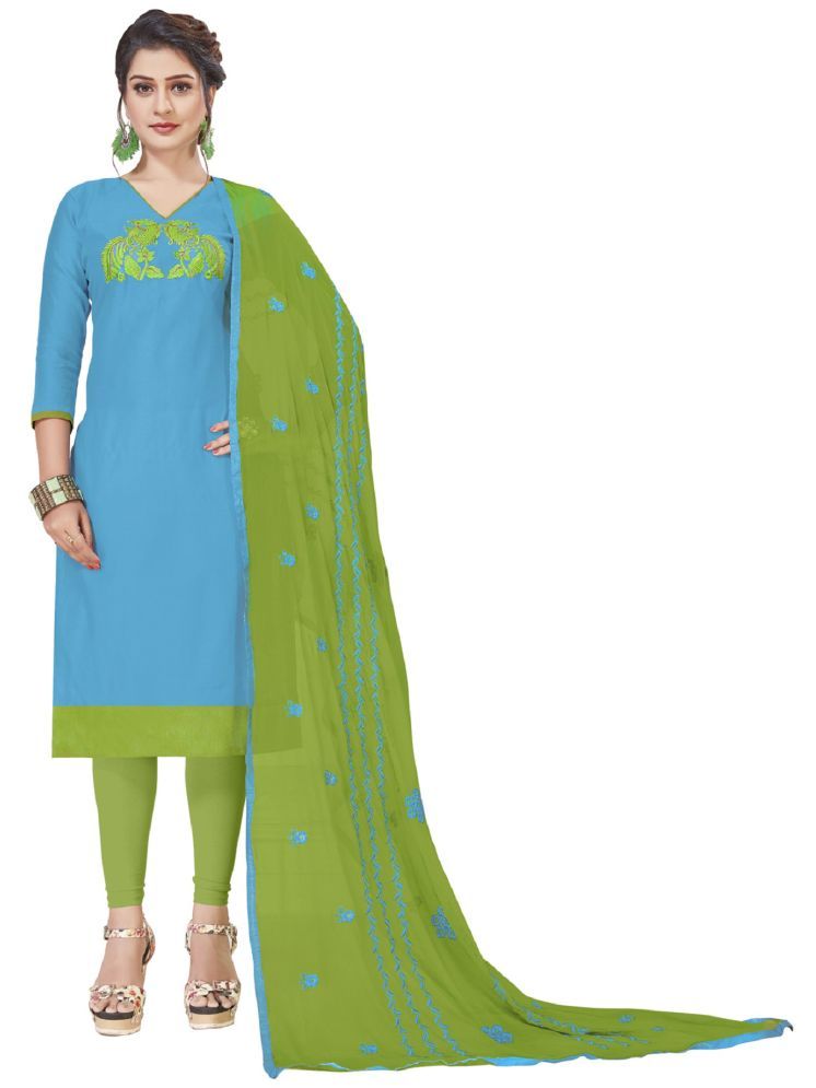     			Lady Shopi Unstitched Chanderi Printed Dress Material - Turquoise ( Pack of 1 )