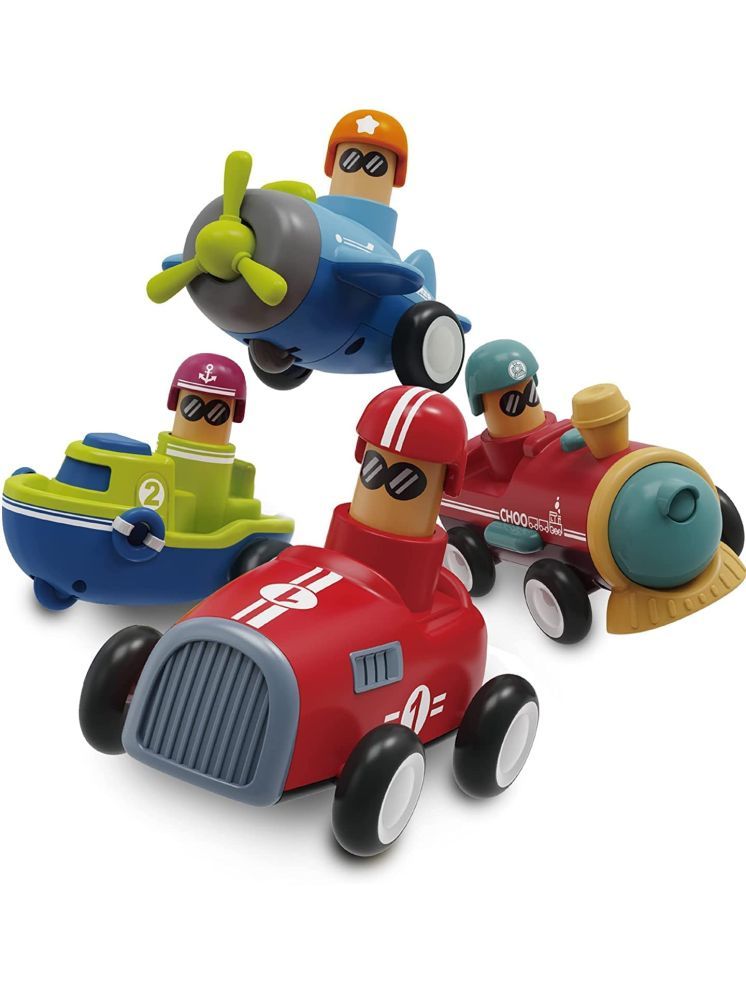     			PANSHUB Pack of 4 Toy Cars Push and Go Play Set Friction Powered Car Pull Back Vehicles Transport Press and Go Gifts for Babies Toddlers Kids Boys Girls (Car-Aeroplane -Boat-Train)