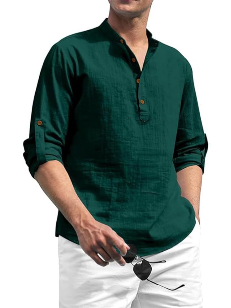     			TrendiVastra Green Cotton Blend Men's Shirt Style Kurta ( Pack of 1 )