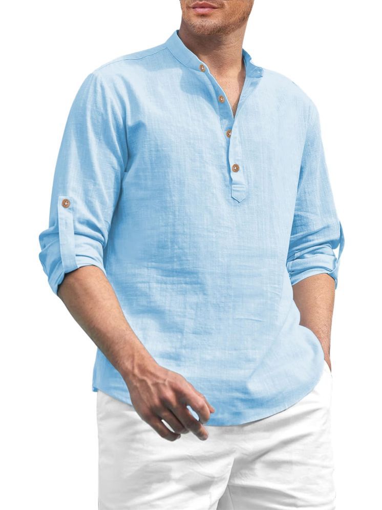     			TrendiVastra Sky Blue Cotton Blend Men's Shirt Style Kurta ( Pack of 1 )