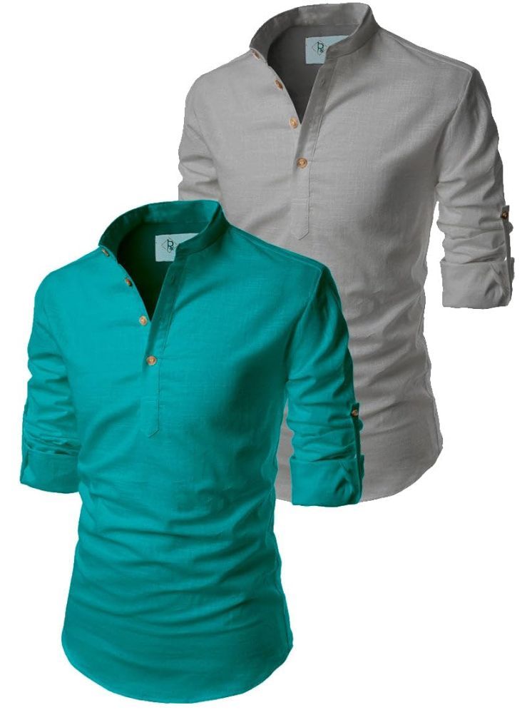     			TrendiVastra Turquoise Cotton Blend Men's Shirt Style Kurta ( Pack of 2 )