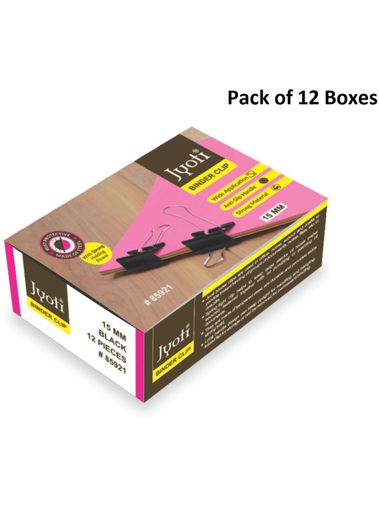     			Jyoti Binder Clip Paper Holding Capacity Files Organized & Secure for Office, School, Institutions # 85921 (12 Pieces of Size 15mm of Black Color in a Paper Box), Capacity 90 Pages - Pack of 12 Boxes