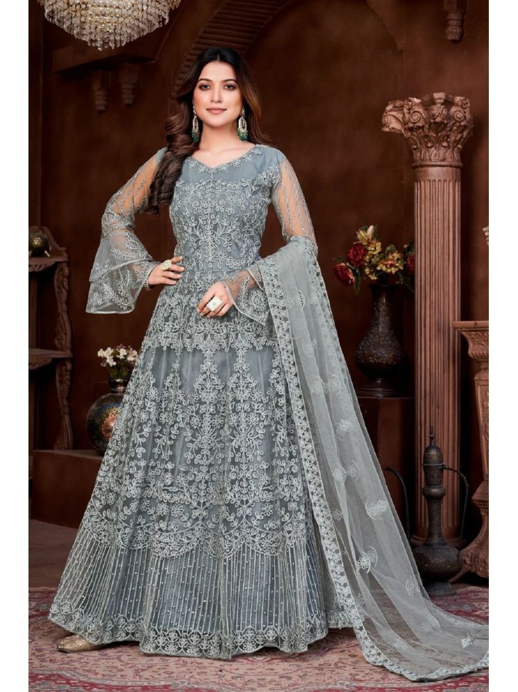     			Lady Shopi Grey Flared Net Women's Semi Stitched Ethnic Gown ( Pack of 1 )