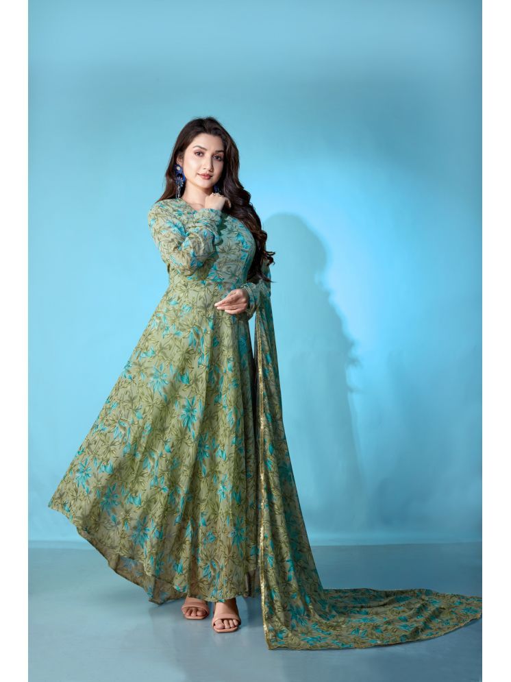     			Varni Fabrics Georgette Printed Anarkali Women's Kurti with Dupatta - Green ( Pack of 1 )