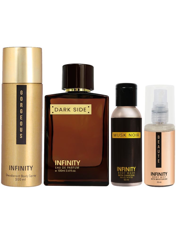     			Infinity Dark Side Perfume, Gorgeous Deodorant, Musk Noir Body Wash & Beaute Body Mist Travel Friendly Pack of 4