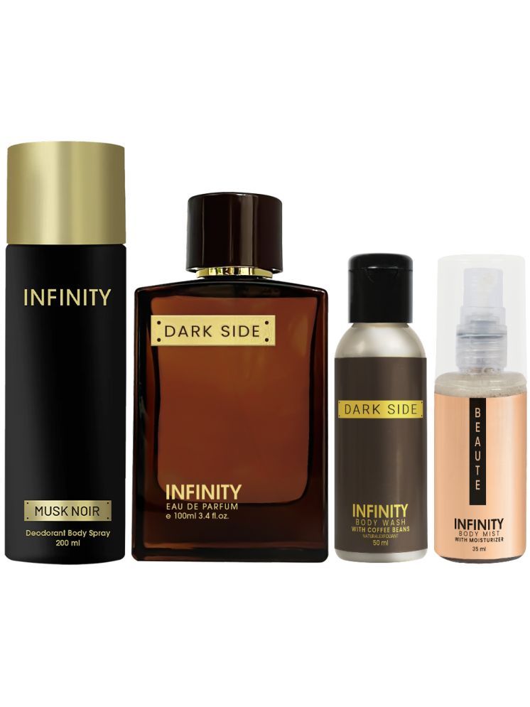     			Infinity Dark Side Perfume, Musk Noir Deodorant, Dark Side Body Wash & Beaute Body Mist Travel Friendly Pack of 4