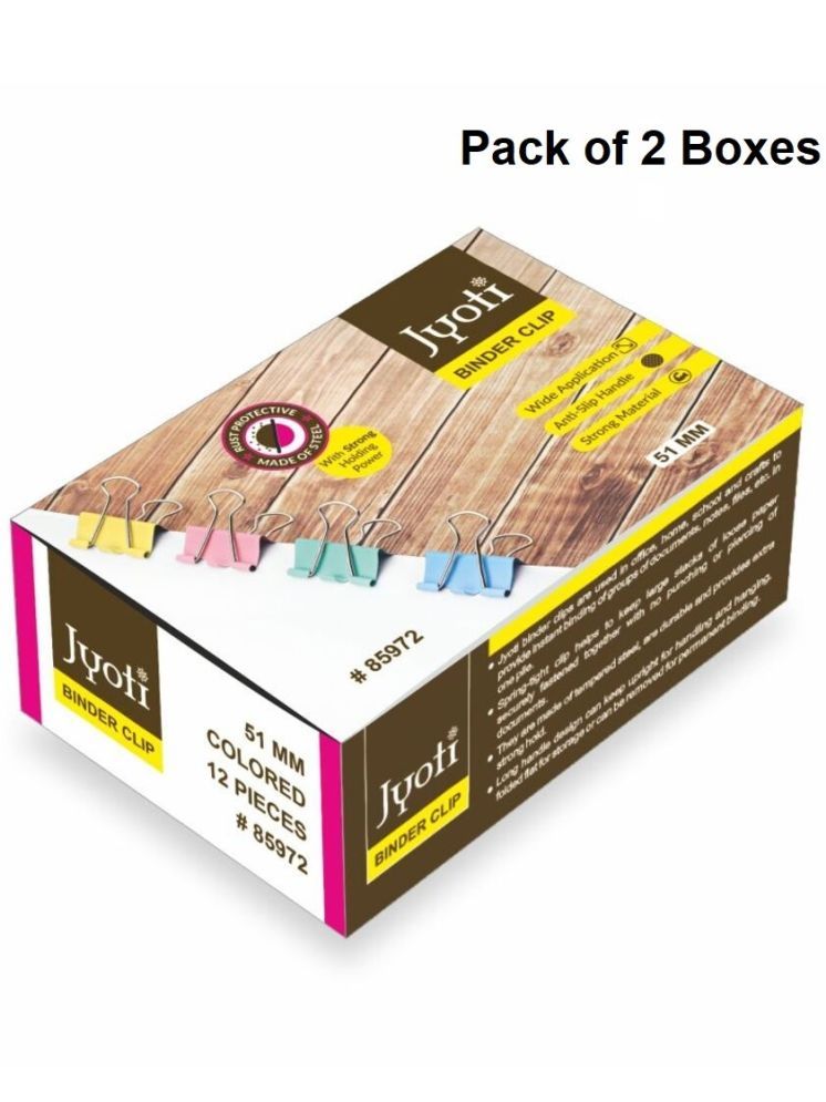     			Jyoti Binder Clip Paper Holding Capacity Files Organized & Secure for Office, School, Institutions # 85972 (12 Pieces of Size 51mm of Multicolor in a Paper Box), Capacity 90 Pages - Pack of 2 Boxes