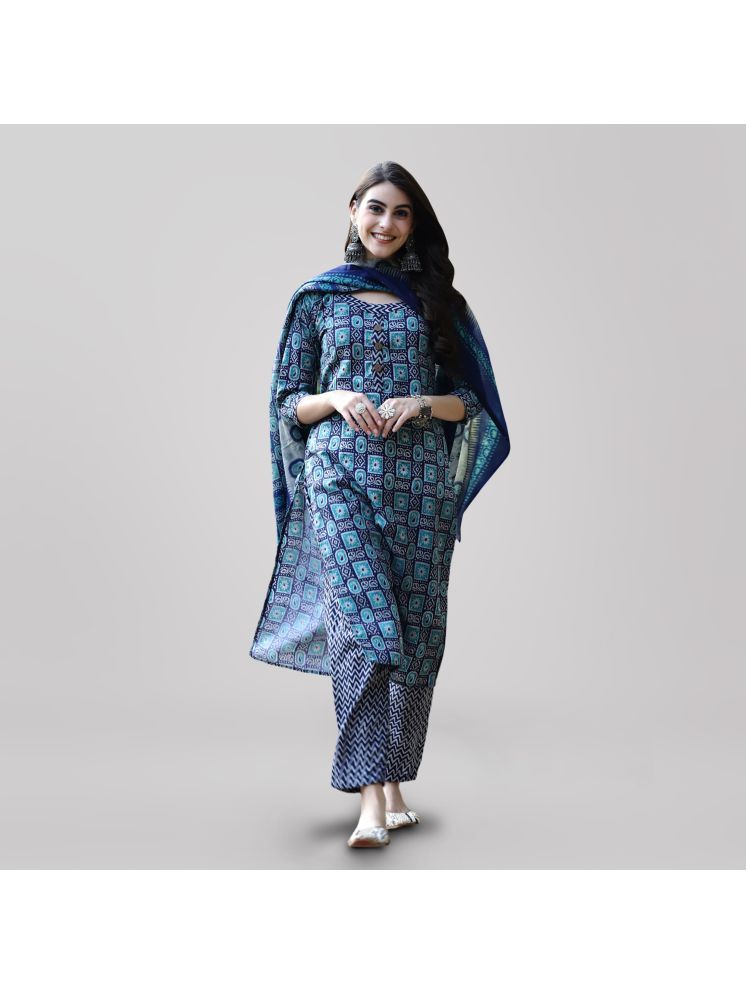     			1 Stop Fashion Cotton Printed Kurti With Pants Women's Stitched Salwar Suit - Blue ( Pack of 1 )