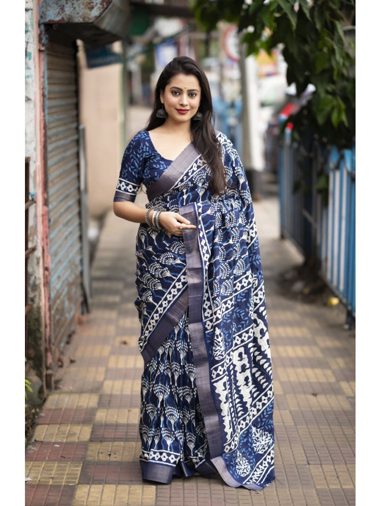     			Bhuwal Fashion Cotton Printed Saree With Blouse Piece - Navy Blue ( Pack of 1 )