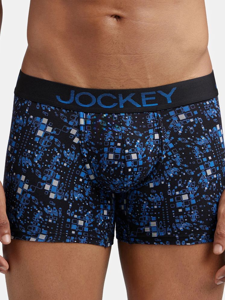     			Jockey FP23 Men Super Combed Cotton Elastane Stretch Printed Trunk - Black & Sky Driver