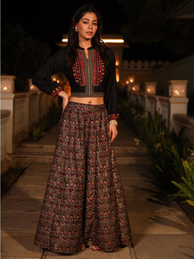     			Juniper Black Embroidered Skirt Top Set