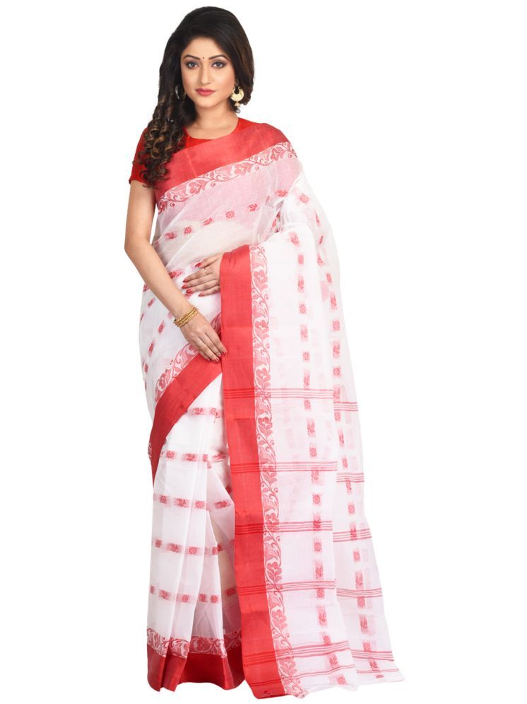     			RAJ SAREE HOUSE Cotton Solid Saree Without Blouse Piece - White,Red ( Pack of 1 )