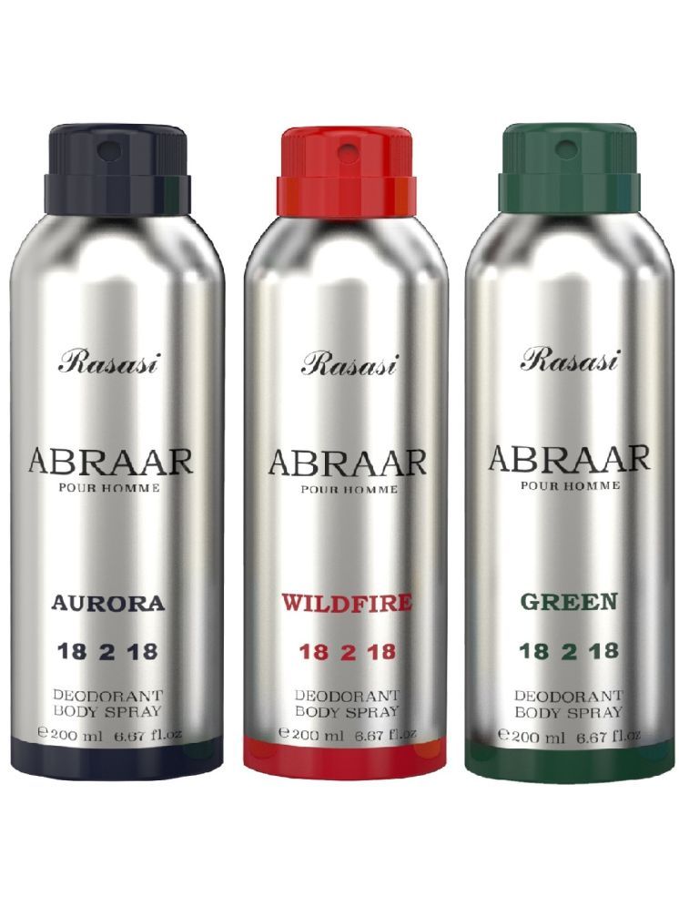     			Rasasi Abraar Aurora, Green & Wildfire Deodorant Spray for Unisex 600 ml ( Pack of 3 )