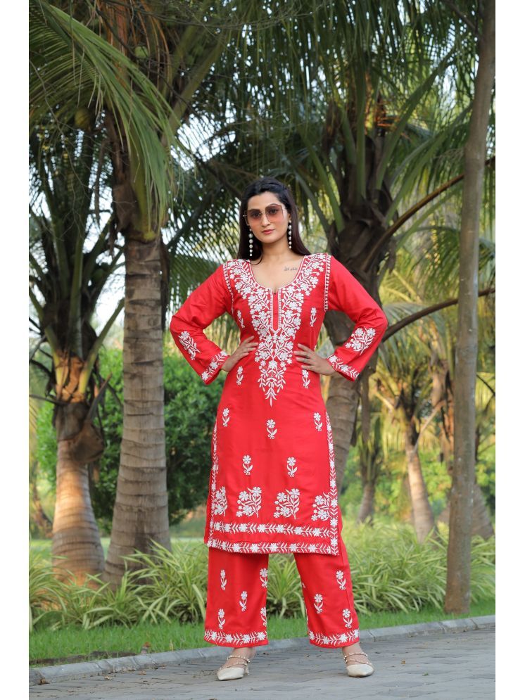     			Apnisha Rayon Embroidered Kurti With Palazzo Women's Stitched Salwar Suit - Red ( Pack of 1 )