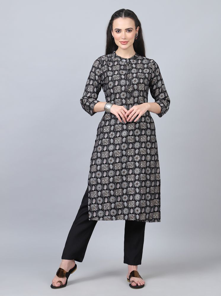     			Flamboyant Chanderi Printed Kurti With Pants Women's Stitched Salwar Suit - Black ( Pack of 1 )