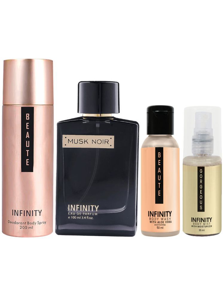     			Infinity Musk Noir Perfume, Beaute Deodorant, Beaute Body Wash & Gorgeous Body Mist Long Lasting Pack of 4