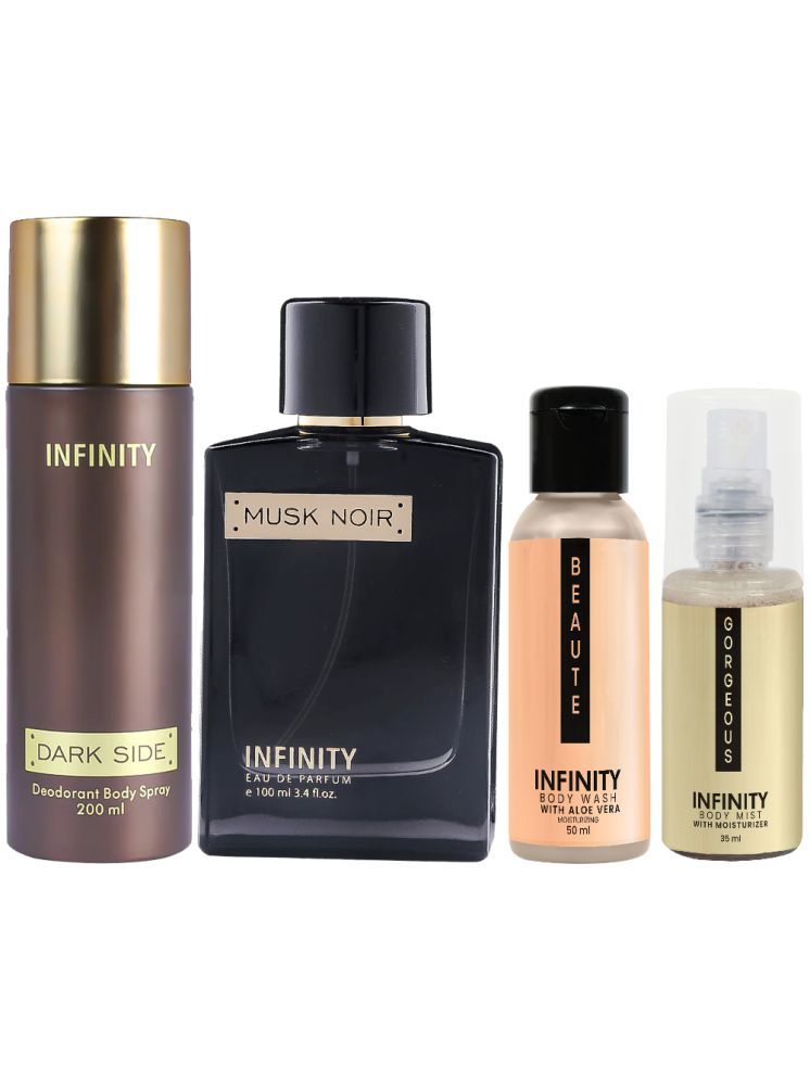     			Infinity Musk Noir Perfume, Dark Side Deodorant, Beaute Body Wash & Gorgeous Body Mist Long Lasting Pack of 4