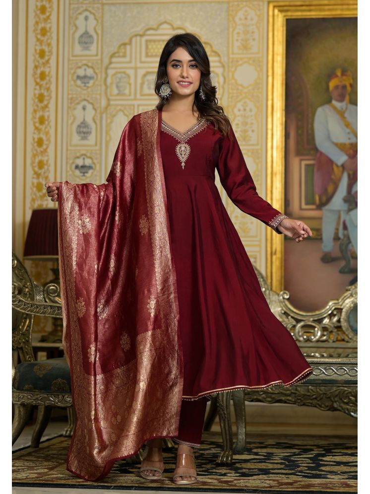     			Juniper Viscose Embroidered Anarkali With Churidar Women's Stitched Salwar Suit - Maroon ( Pack of 1 )